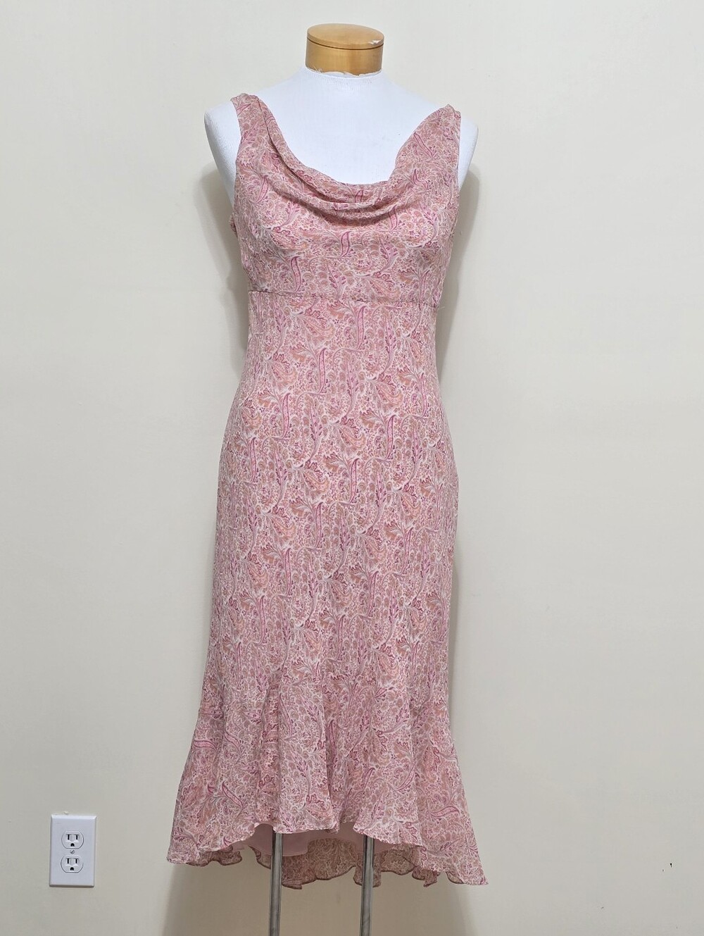 Vtg Y2K Ann Taylor Sz 6 100% Silk Slip Bias Midi Dress Pink Paisley Cowl Neck